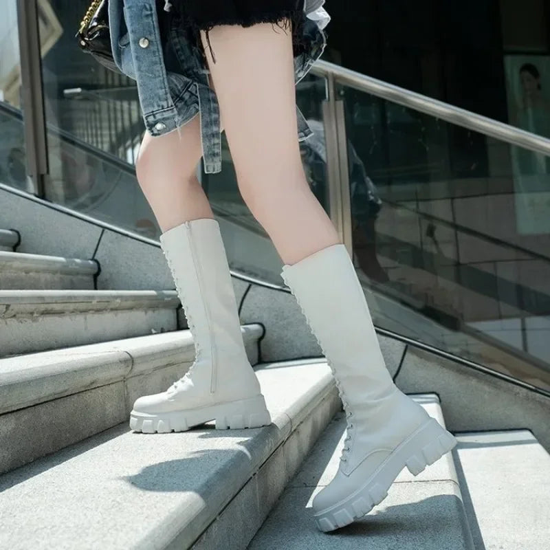 Women's Mid Calf Boots Padded Shoes Knee High Winter Sneakers Punk Style Military Casual White Black 2024 Lucury Platform Wom