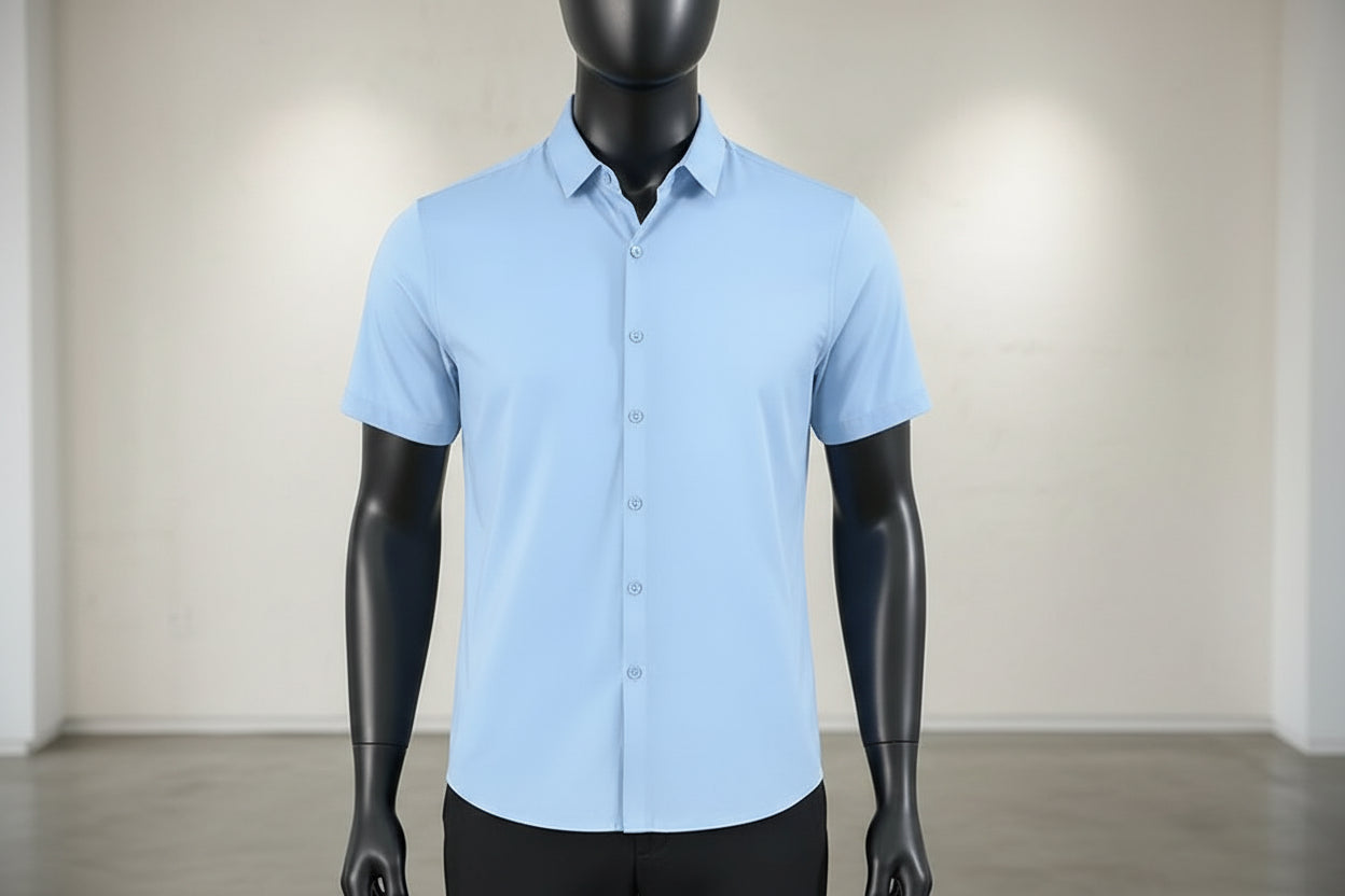 New Men's Business Casual Solid Color Short Sleeved Shirt for Summer Fashion No Ironing Comfortable and Versatile Top - Image
