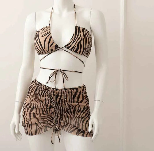 Zebra Print Mesh Skirt Bikini Set - 3 Piece Halter Swimsuit Print Bikini