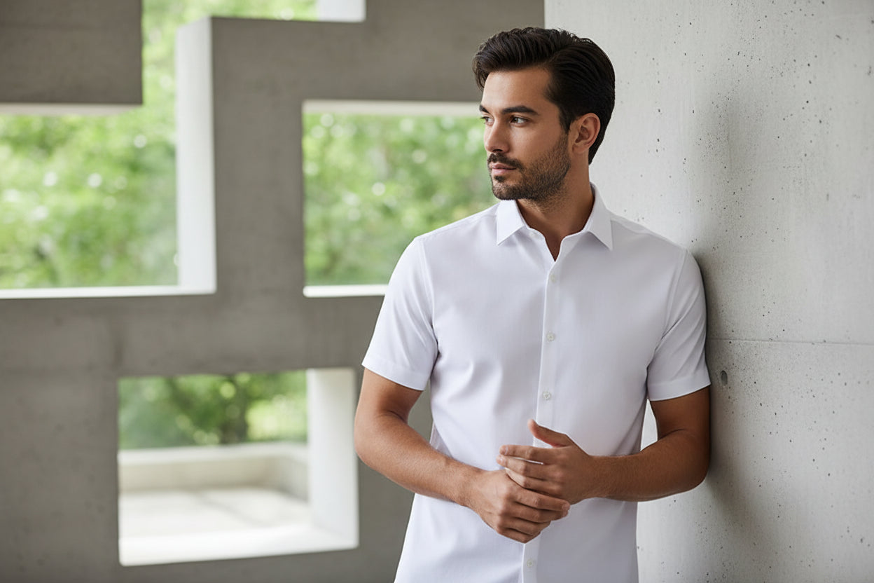 New Men's Business Casual Solid Color Short Sleeved Shirt for Summer Fashion No Ironing Comfortable and Versatile Top - Image