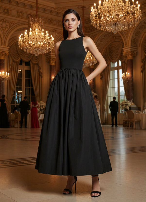 New Summer Simple Elegant Black Long Dresses For Women Round Neck Sleeveless High Waist Temperament Female Fashion Style Dres