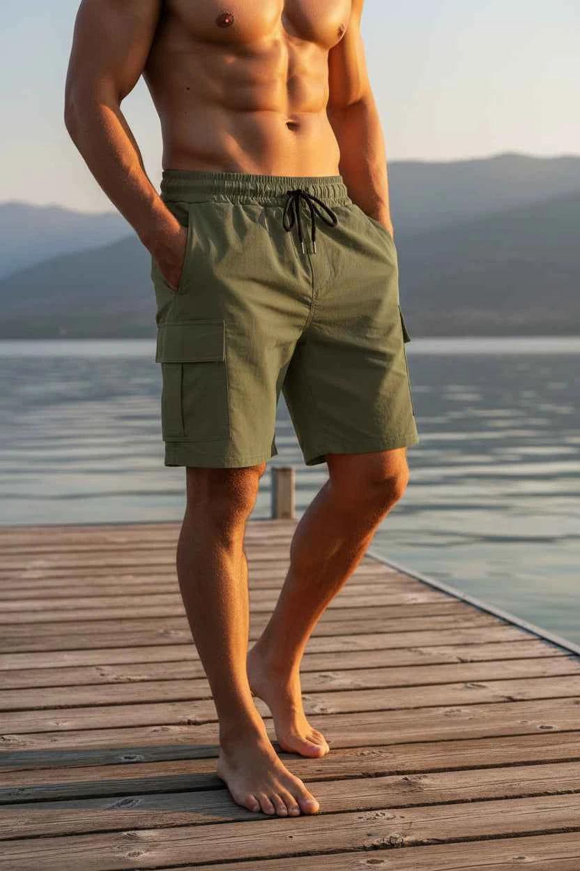 Men's Multi-Pocket Cargo Shorts - Drawstring Loose Fit Sports Shorts