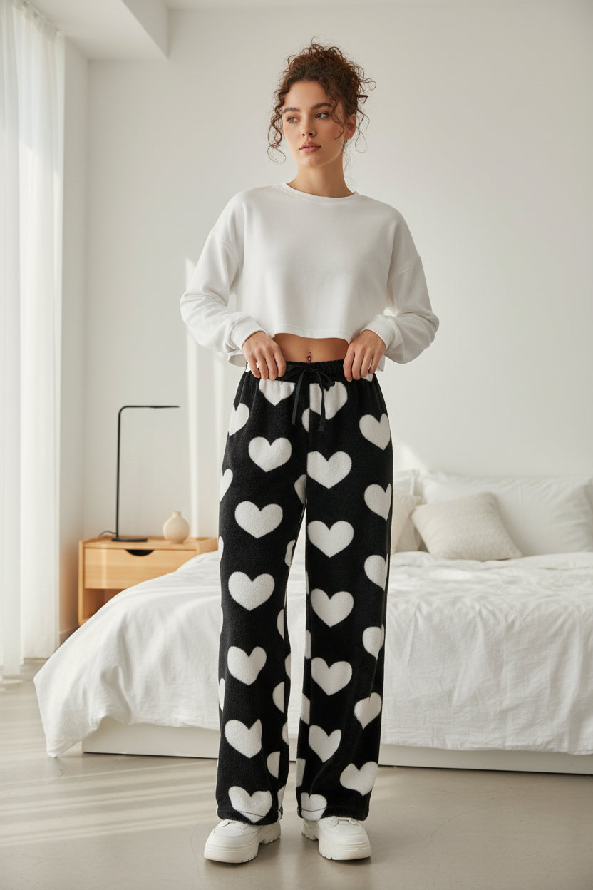 Women's Print Wide Leg Lounge Pants - Elastic Waist Drawstring Casual Trousers Black w white hearts