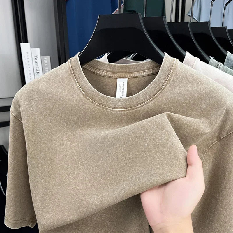 American Style Retro Heavyweight Solid Color Short Sleeved T-shirt - Image 4