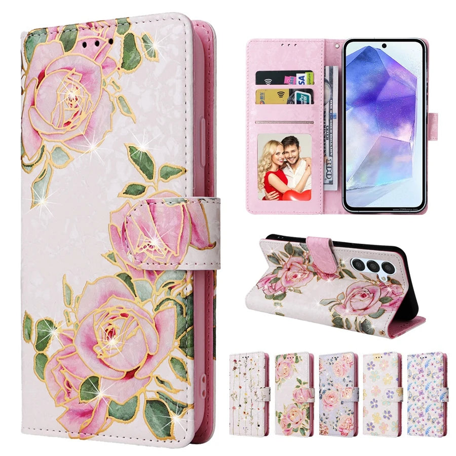 RFID Anti Theft Brush Hot Stamped Floral Wallet Case for Samsung A13 A33 A53 A14 A34 A54 A35 A55 Wristband Leather Flip Cover