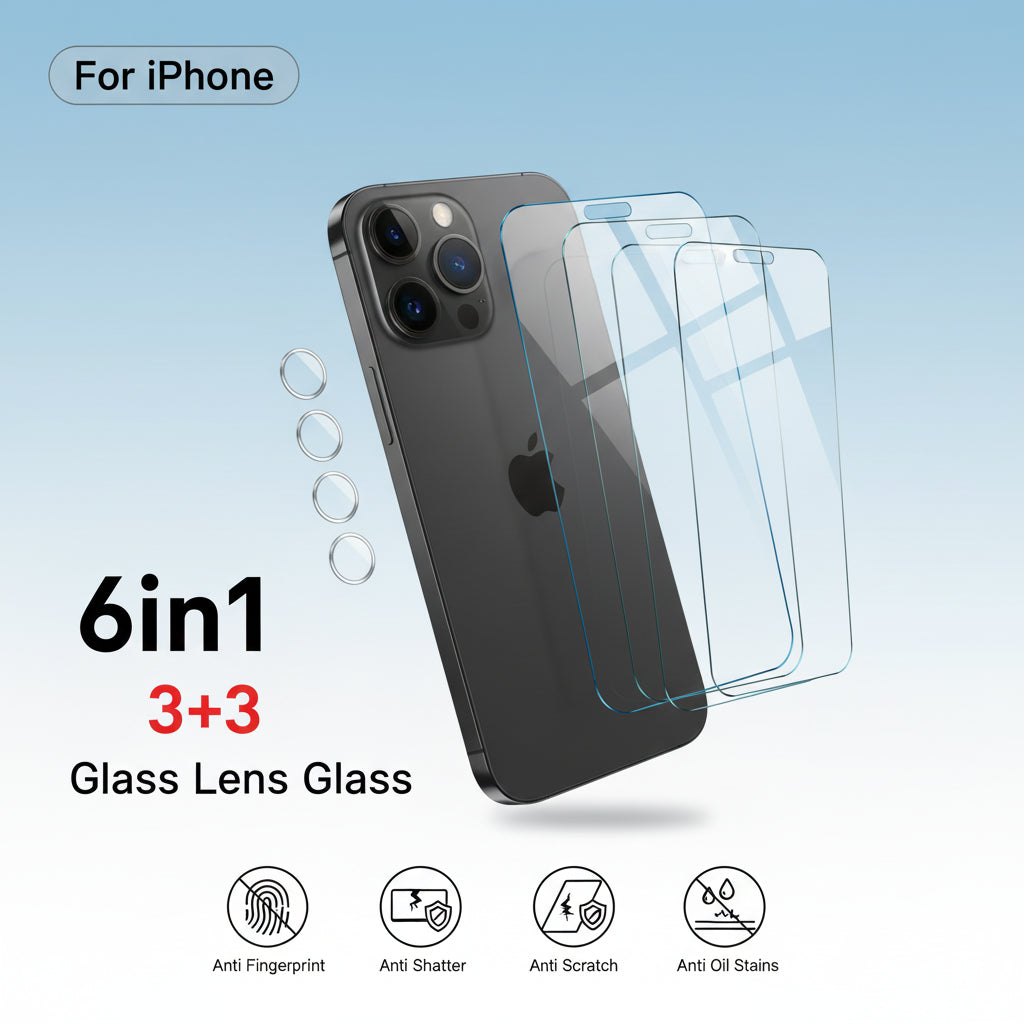 6-in-1 Tempered Glass Screen & Camera Protector for iPhone 15/14/13/12/11 Series - Matt's random items Electronics > Mobile P
