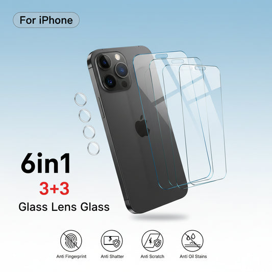 6-in-1 Tempered Glass Screen & Camera Protector for iPhone 15/14/13/12/11 Series - Matt's random items Electronics > Mobile P