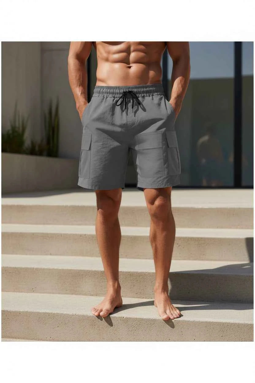Men's Multi-Pocket Cargo Shorts - Drawstring Loose Fit Sports Shorts