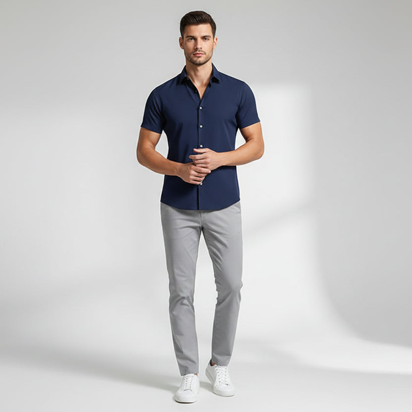 New Men's Business Casual Solid Color Short Sleeved Shirt for Summer Fashion No Ironing Comfortable and Versatile Top - Image