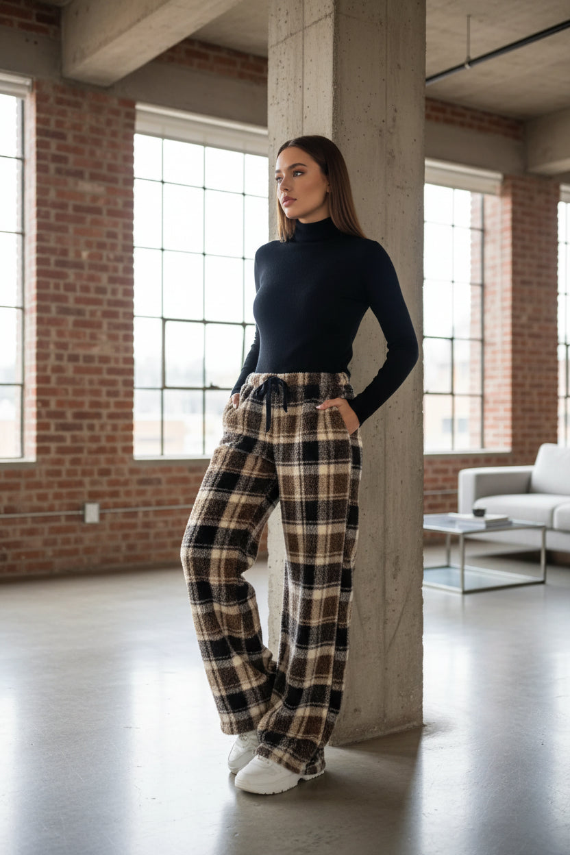 Women's Print Wide Leg Lounge Pants - Elastic Waist Drawstring Casual Trousers Brown Tartan Plaid