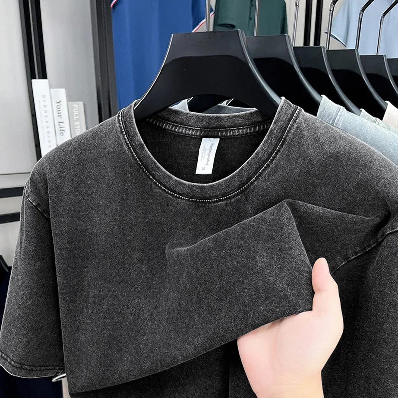 American Style Retro Heavyweight Solid Color Short Sleeved T-shirt - Image 3