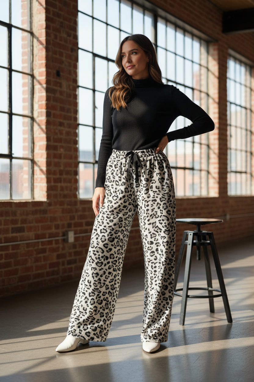 Women's Print Wide Leg Lounge Pants - Elastic Waist Drawstring Casual Trousers White Leopard