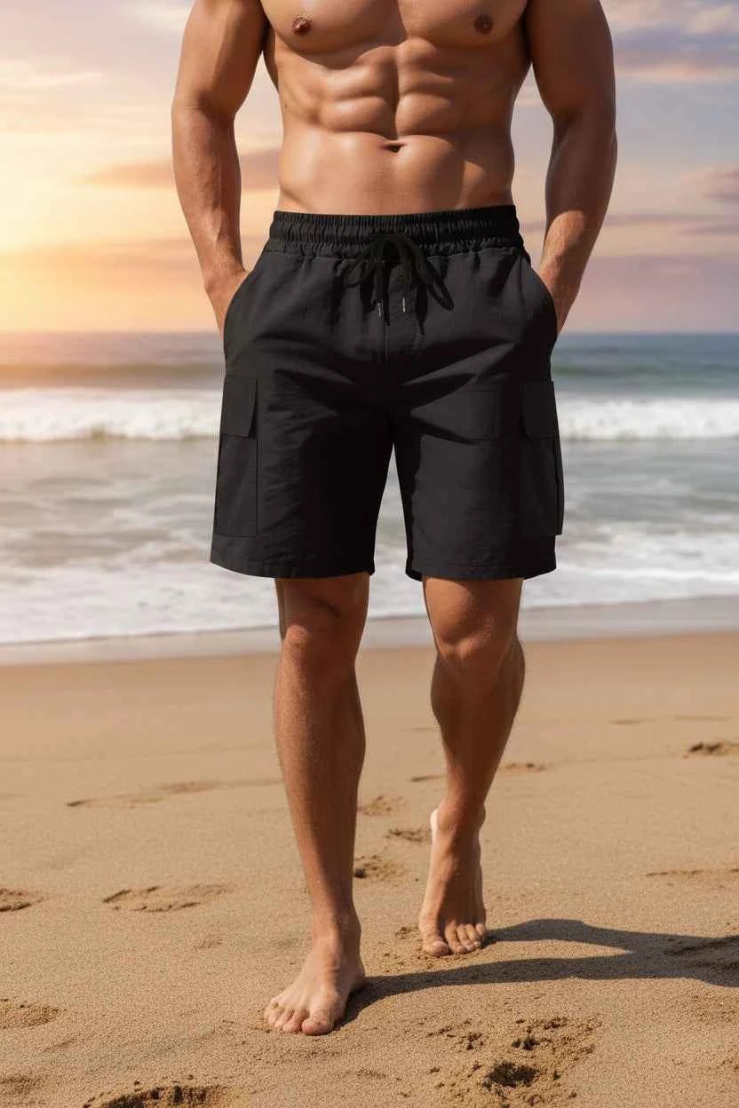 Men's Multi-Pocket Cargo Shorts - Drawstring Loose Fit Sports Shorts