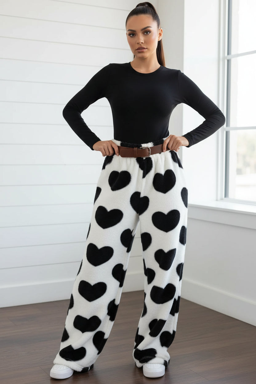 Women's Print Wide Leg Lounge Pants - Elastic Waist Drawstring Casual Trousers White w black hearts