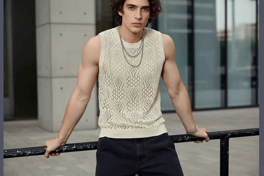 Men's Knitted Mesh Vest - Sleeveless Crew Neck Summer Top Beige CN
