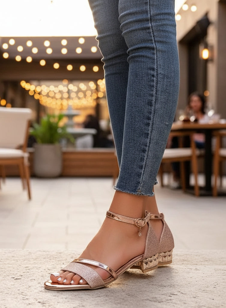 Women's Champagne Gold Block Heel Sandals - Square Toe Ankle Strap - Matt's random items Footwear (Image 2)