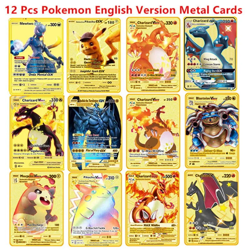 Pokemon English Metal Card Anime Pikachu Charizard Mewtwo Blastoise Vmax Shiny Letters Game Collection Card Kids Toy Gifts - 
