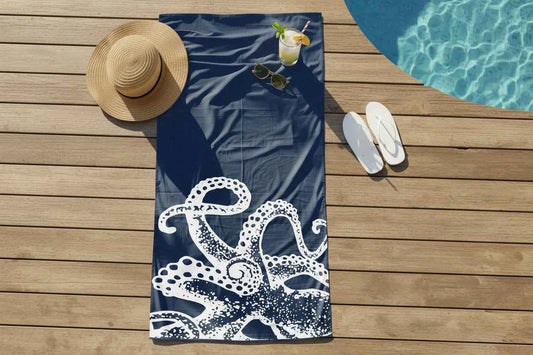 Premium Microfiber Beach Towel - Blue Octopus Nautical Design