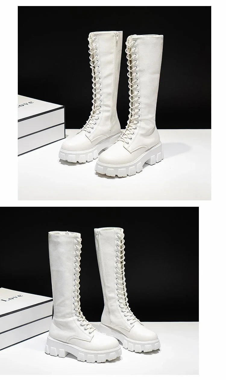 Women's Mid Calf Boots Padded Shoes Knee High Winter Sneakers Punk Style Military Casual White Black 2024 Lucury Platform Wom
