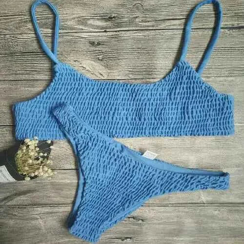 Push-Up Padded Bikini Set - Pleated Halter Swimsuit Blue
