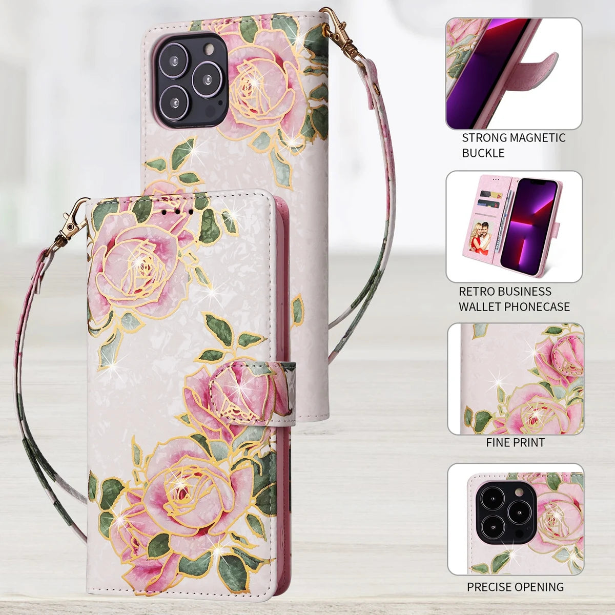 RFID Anti Theft Brush Hot Stamped Floral Wallet Case for Samsung A13 A33 A53 A14 A34 A54 A35 A55 Wristband Leather Flip Cover