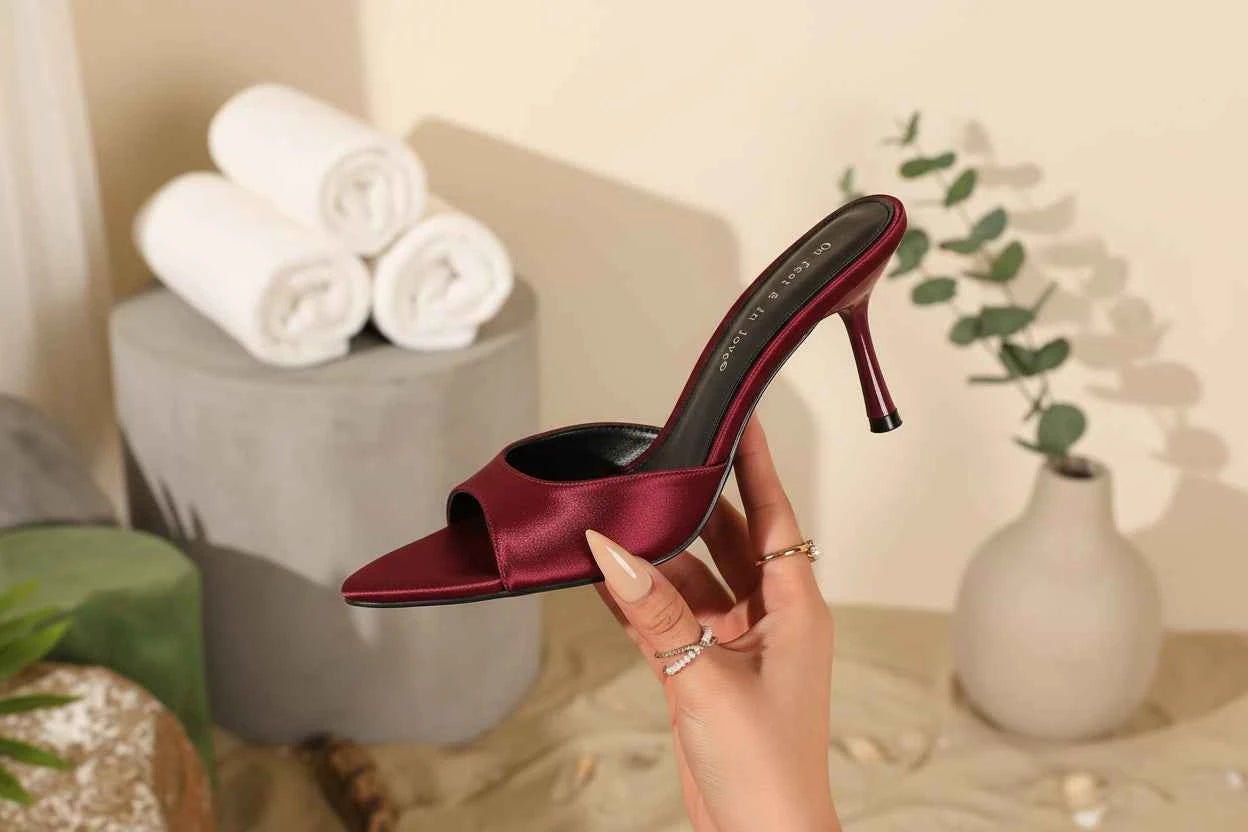 Satin Pointed Toe Heeled Mules - Slip-On Stiletto Sandals wine red