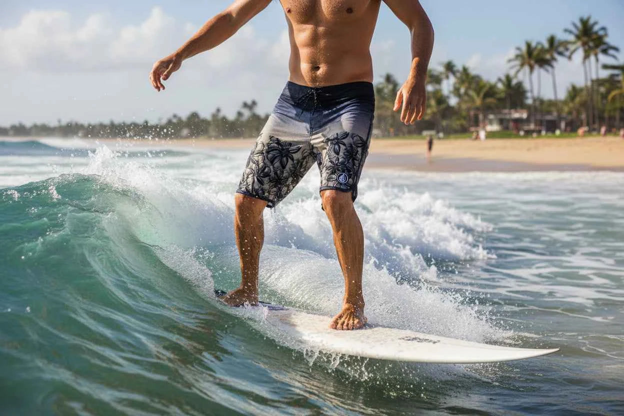 Men's 4-Way Stretch Quick-Dry Board Shorts Blue w black flower