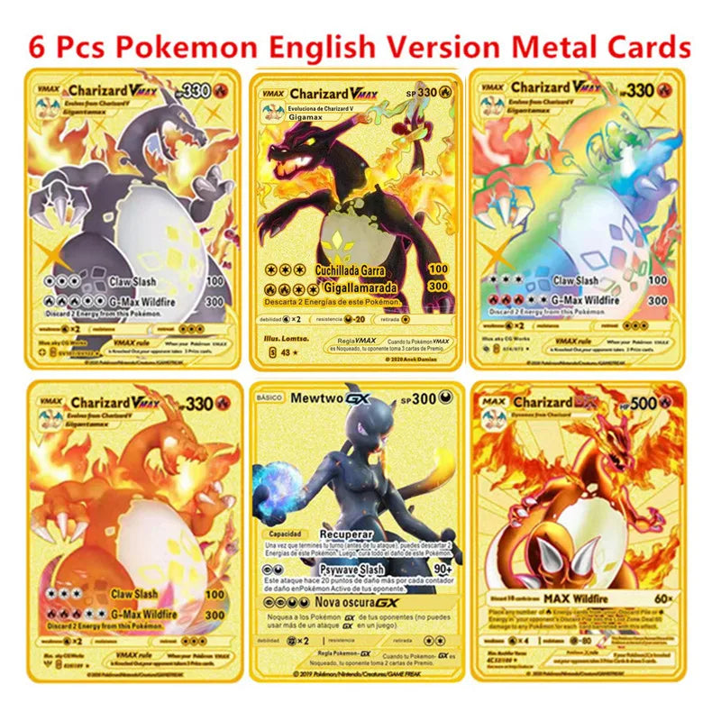 Pokemon English Metal Card Anime Pikachu Charizard Mewtwo Blastoise Vmax Shiny Letters Game Collection Card Kids Toy Gifts - 