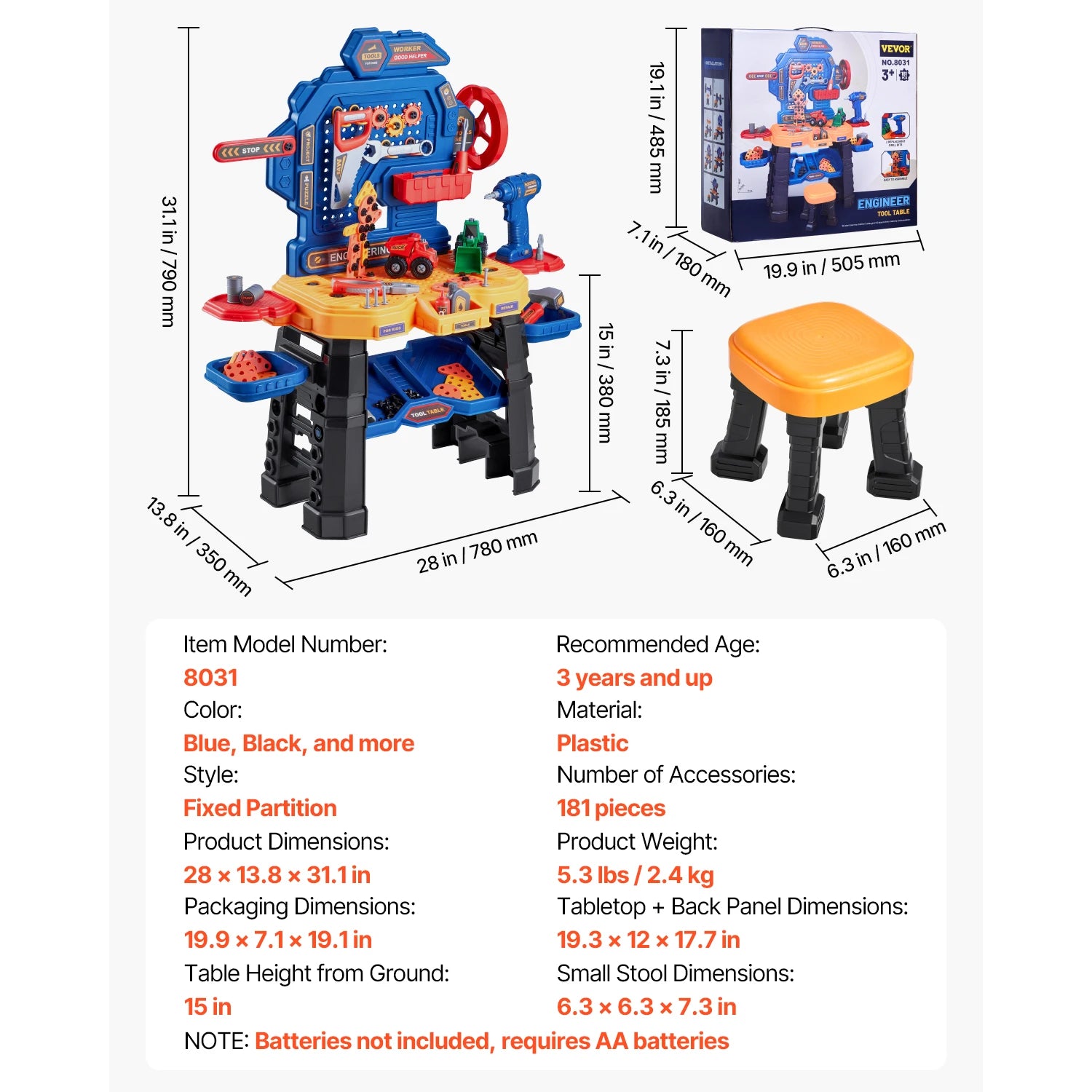 SucceBuy 181 pcs Kids Tool Bench Realistic Transformable Tool Set with Toddler Bench Pretend Play Learning Gift for Children 