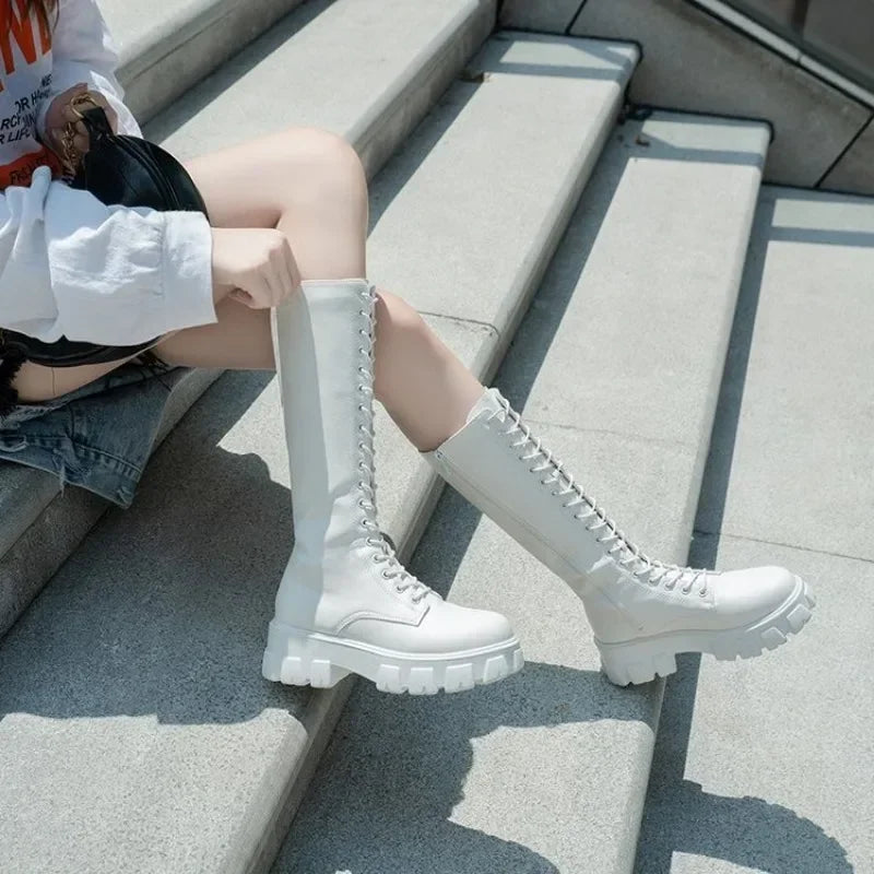 Women's Mid Calf Boots Padded Shoes Knee High Winter Sneakers Punk Style Military Casual White Black 2024 Lucury Platform Wom