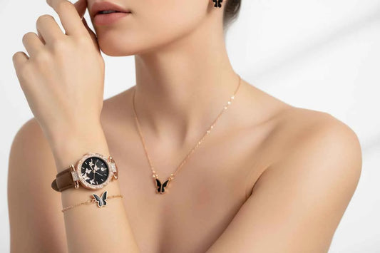 Butterfly Jewelry Set - Watch, Necklace, Earrings & Bracelet (Brown)