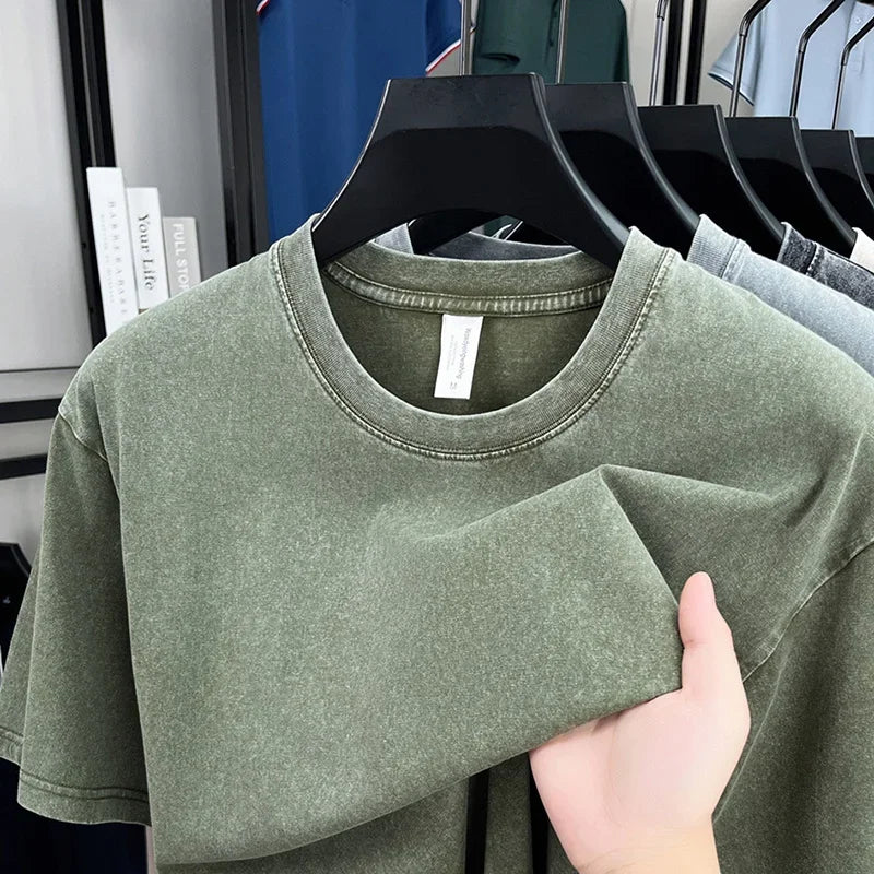 American Style Retro Heavyweight Solid Color Short Sleeved T-shirt - Image 1