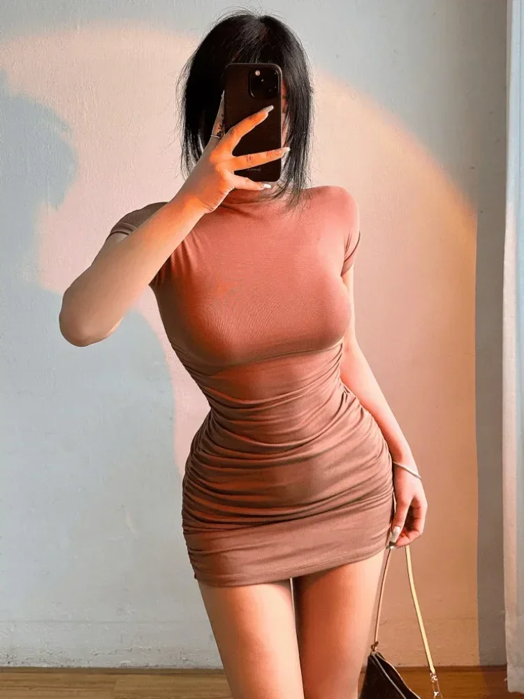 Sexy Tight Half High Collar Pleated Waist Mini dress - Matt's random items Dresses (Image 5)
