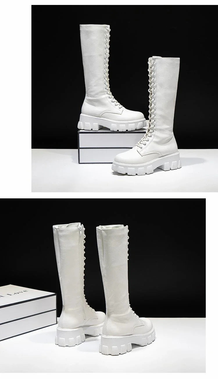 Women's Mid Calf Boots Padded Shoes Knee High Winter Sneakers Punk Style Military Casual White Black 2024 Lucury Platform Wom
