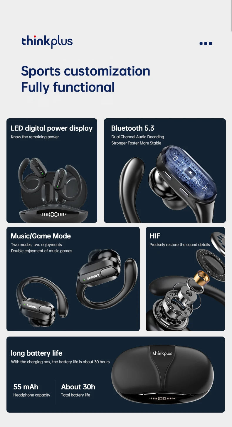 Original Lenovo XT80 Sports Wireless Earphones with Mics, LED Power Display,Hifi Stereo Sound Bluetooth 5.3 TWS HeadphHeadpho