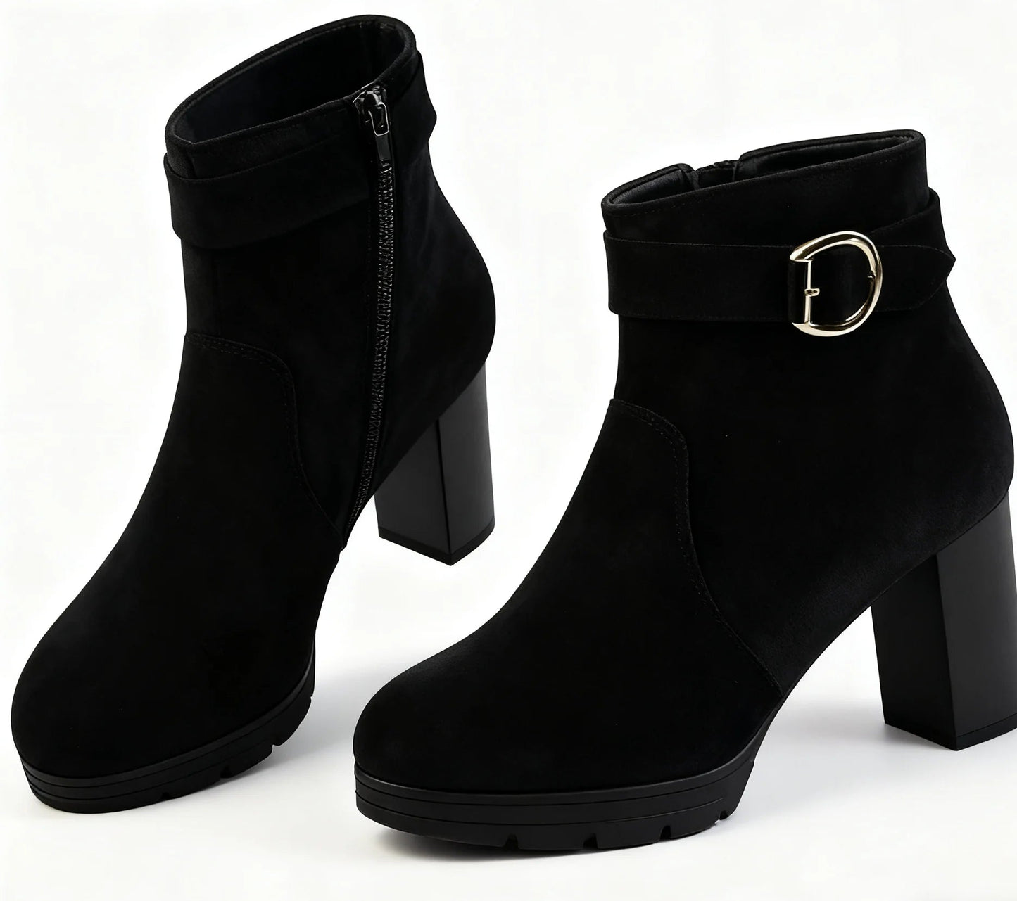 Women's Black Suede Ankle Boots - Chunky Block Heel with Gold Buckle (Stylish Ankle Boots with Side Zipper, Comfortable Low H