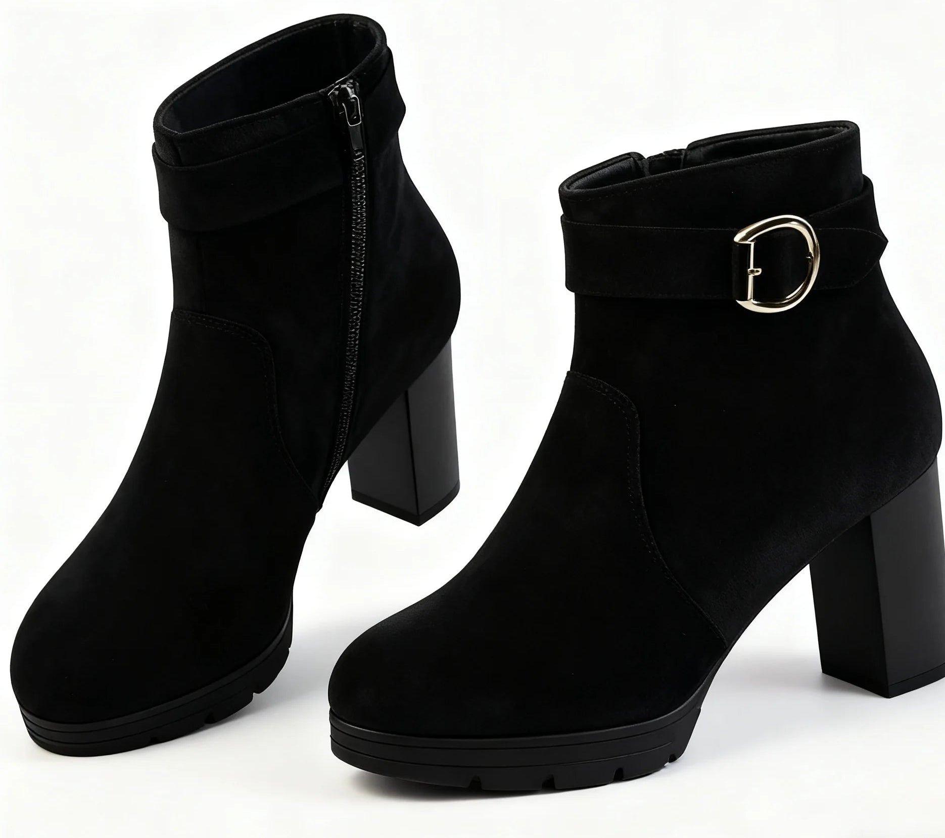 Women's Black Suede Ankle Boots - Chunky Block Heel with Gold Buckle (Stylish Ankle Boots with Side Zipper, Comfortable Low H