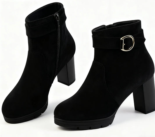 Women's Black Suede Ankle Boots - Chunky Block Heel with Gold Buckle (Stylish Ankle Boots with Side Zipper, Comfortable Low H