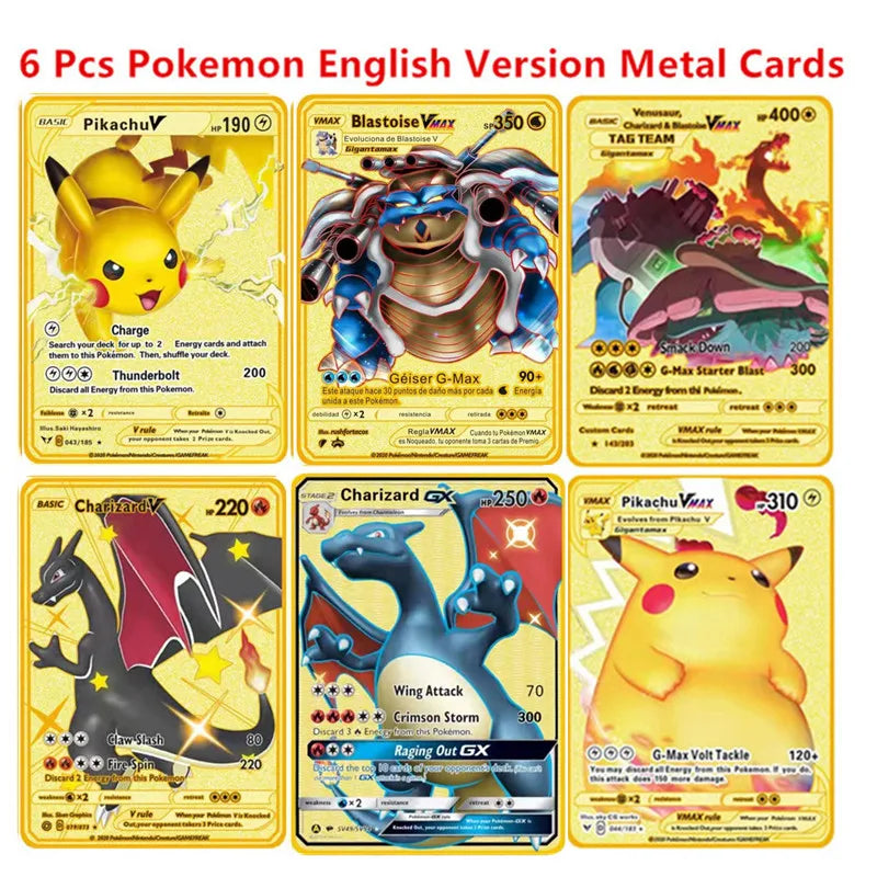 Pokemon English Metal Card Anime Pikachu Charizard Mewtwo Blastoise Vmax Shiny Letters Game Collection Card Kids Toy Gifts - 