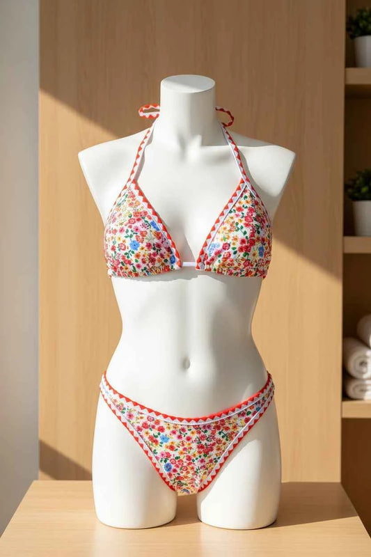 Halter Neck Print Bikini Set - High Cut Two Piece Swimsuit