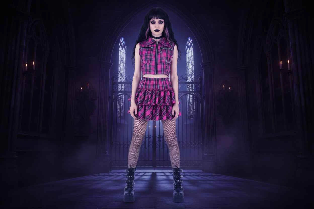 Gothic Punk Separates - Zipper Crop Top & Plaid Skirt