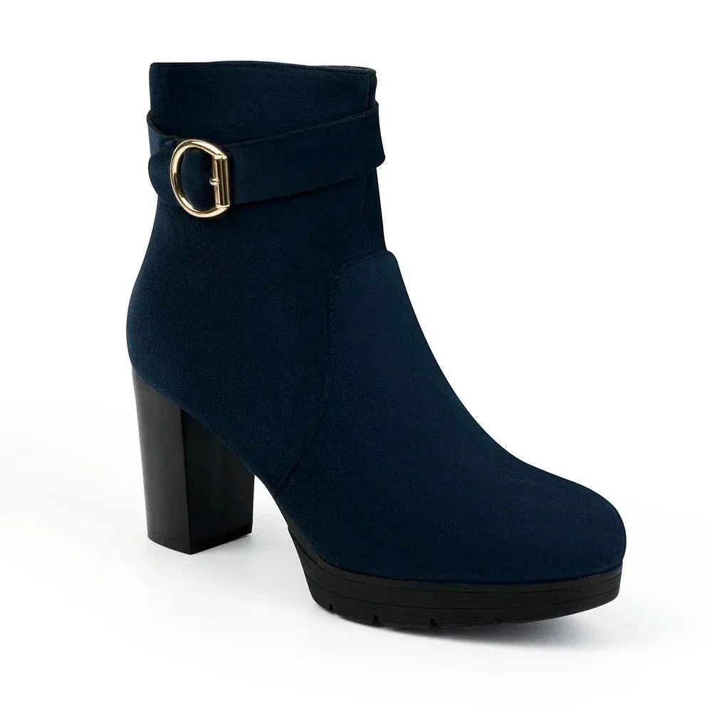 Women's Black Suede Ankle Boots - Chunky Block Heel with Gold Buckle (Stylish Ankle Boots with Side Zipper, Comfortable Low H