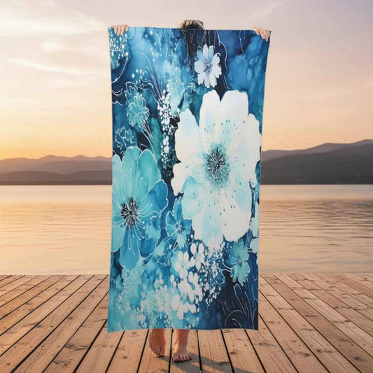 Oversized Microfiber Beach Towel - Quick Dry & Sandproof | Multiple Designs & Sizes Blue w flowers