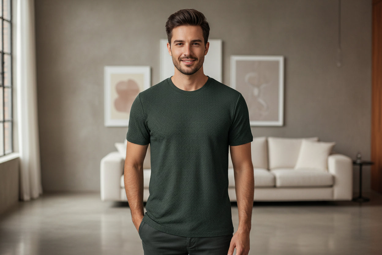 2026 New Men's Texture Crew Neck Short Sleeve T-Shirt Comfortable Casual Office Summer Top - Image 1