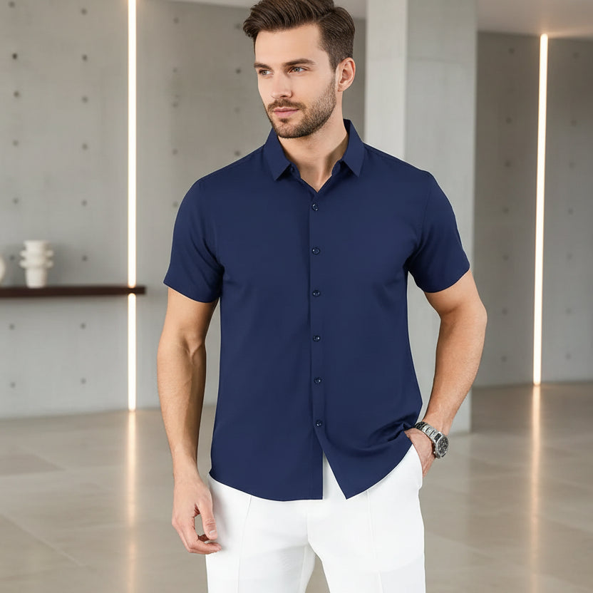 New Men's Business Casual Solid Color Short Sleeved Shirt for Summer Fashion No Ironing Comfortable and Versatile Top - Image