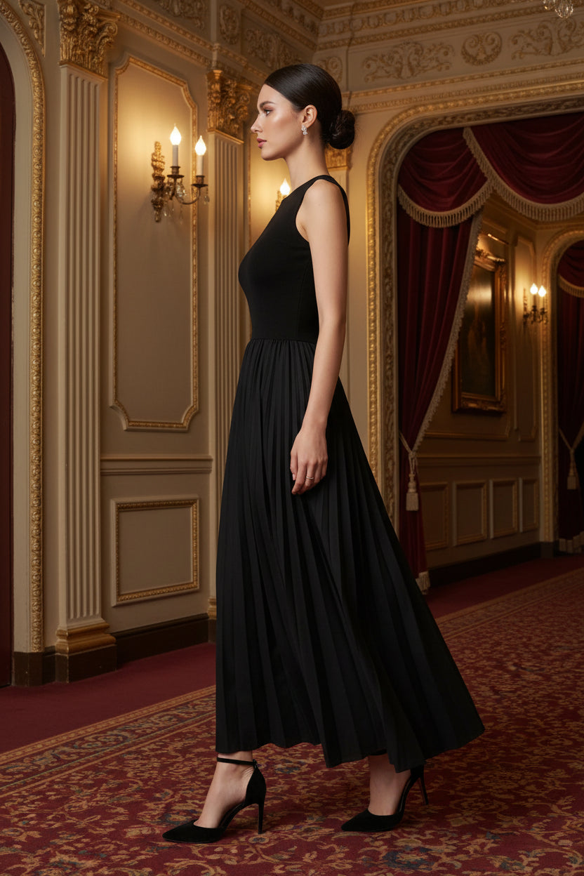 New Summer Simple Elegant Black Long Dresses For Women Round Neck Sleeveless High Waist Temperament Female Fashion Style Dres