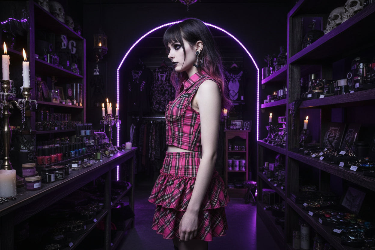 Gothic Punk Separates - Zipper Crop Top & Plaid Skirt