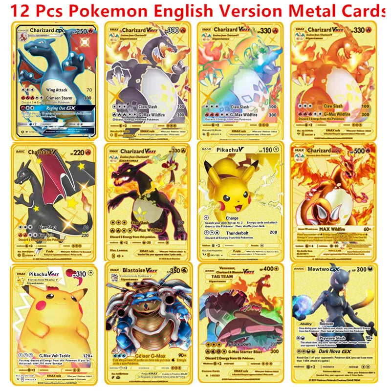 Pokemon English Metal Card Anime Pikachu Charizard Mewtwo Blastoise Vmax Shiny Letters Game Collection Card Kids Toy Gifts - 