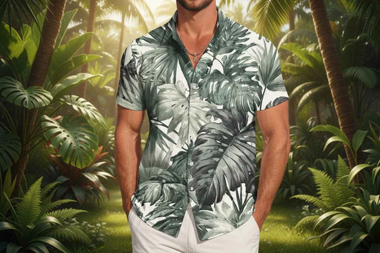 Men's Resort Button-Up Shirt - Short Sleeve Summer Beach Shirt Grey CN