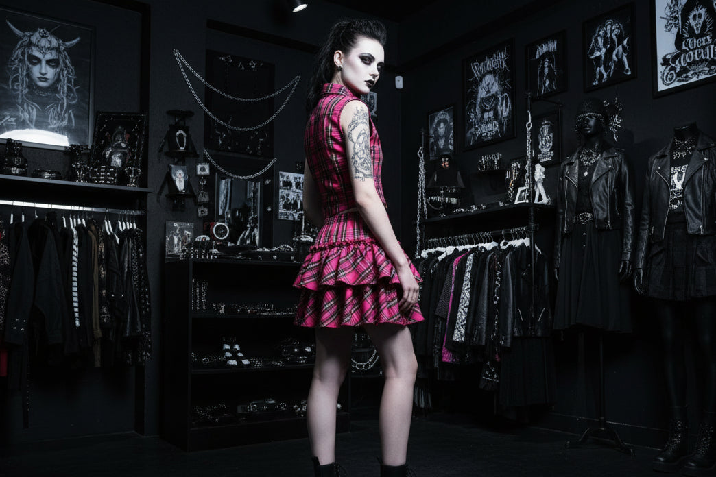 Gothic Punk Separates - Zipper Crop Top & Plaid Skirt